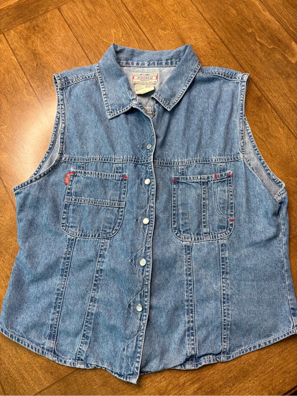 Vintage 90s At Last Jeanswear Denim Vest Size L Pearl Snap Sleeveless Western